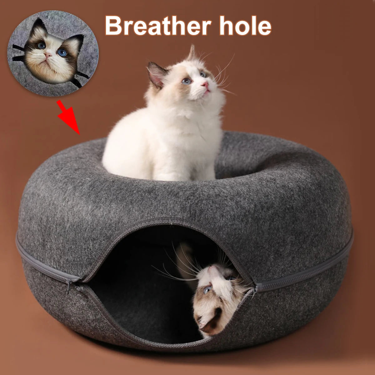 Round Cat Tunnel Bed, Felt Donut Nest & Scratcher for Kittens