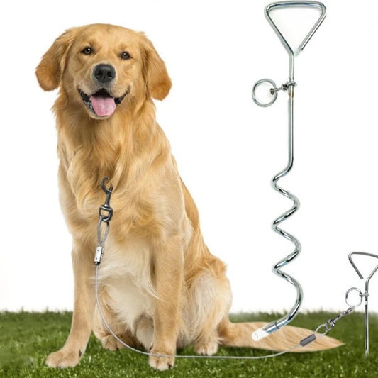 Stainless Steel Dog Tie-Out Stake – Ground Anchor Spike with Steel Cable Leash