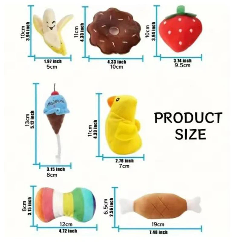 A 7-piece puppy toy set featuring adorable plush fruit and vegetable designs. These soft, chewable toys are perfect for playtime, interactive activities, and keeping your puppy entertained.