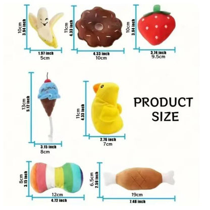 A 7-piece puppy toy set featuring adorable plush fruit and vegetable designs. These soft, chewable toys are perfect for playtime, interactive activities, and keeping your puppy entertained.
