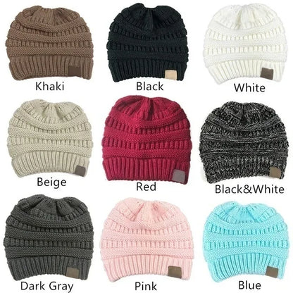 Women’s Winter Knit Beanie Hat, Messy Bun & Ponytail Opening