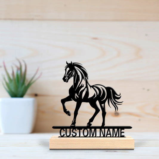 Personalized Horse Metal Statue with Wooden Base – Custom Desktop Sculpture Gift for Horse Lovers