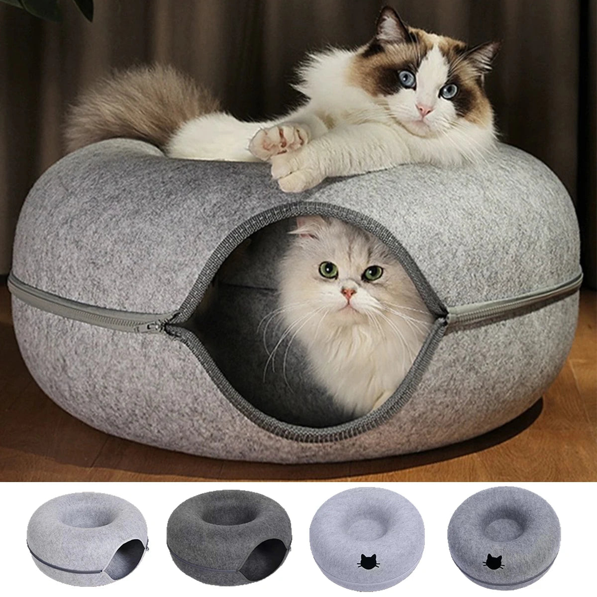 Round Cat Tunnel Bed, Felt Donut Nest & Scratcher for Kittens