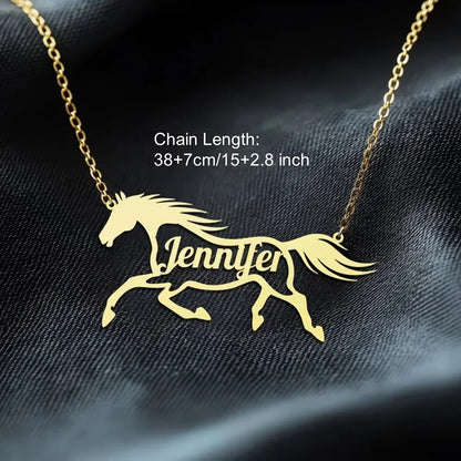 Custom Galloping Horse Name Necklace – Gold Stainless Steel Personalized Animal Pendant for Women & Men