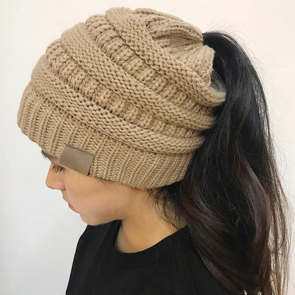 Women’s Winter Knit Beanie Hat, Messy Bun & Ponytail Opening