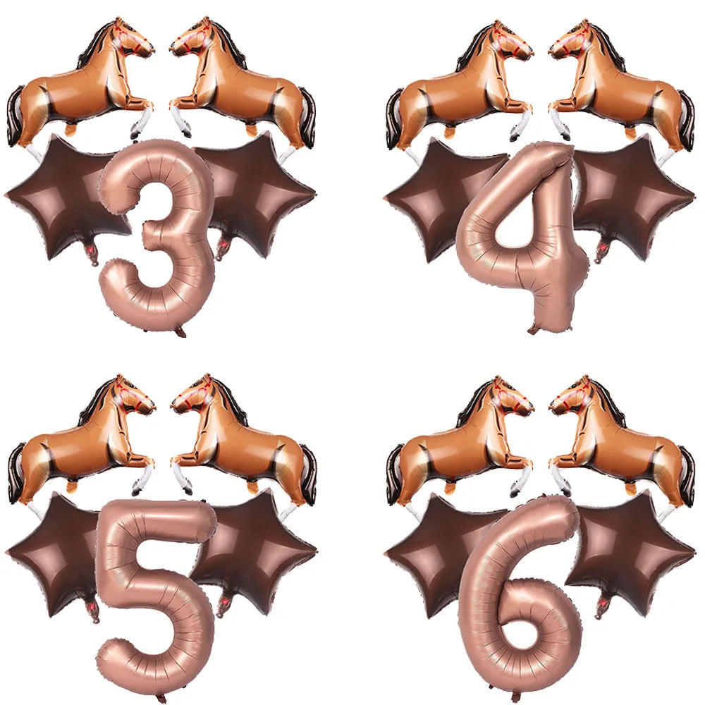 Horse Balloon Set, 30-Inch Horse-Shaped Balloons, 40-Inch Number Balloon and Star Balloons, Horse Racing-Themed Birthday Party Decorations