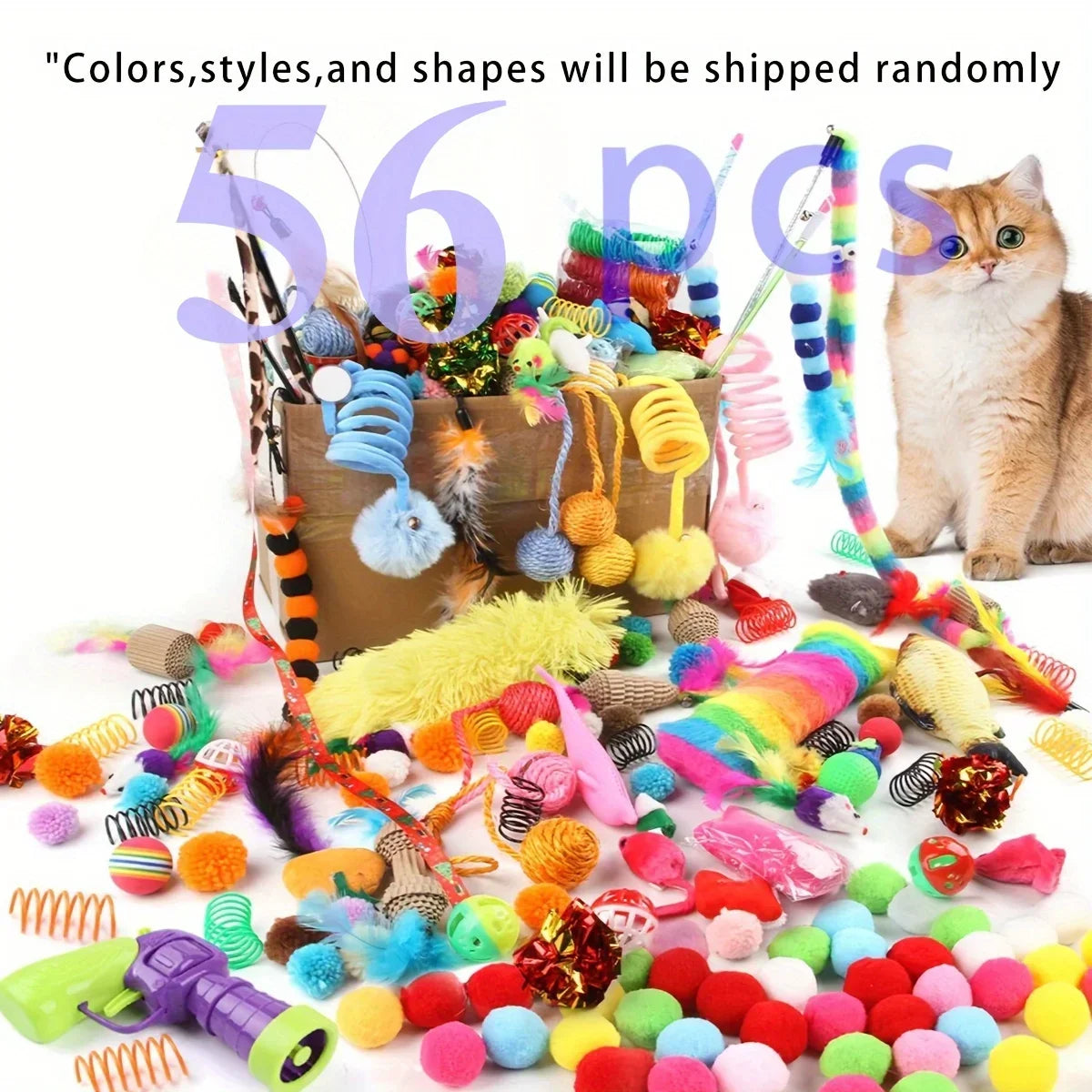 Cat Toys Mixed Pack (56/28/14 pcs) – Plastic & Plush Toy Variety Set for Multiple Cats