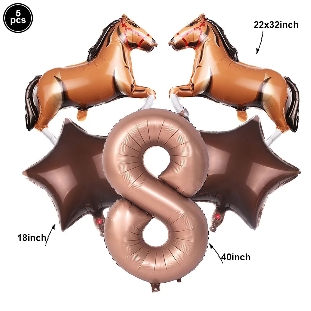 Horse Balloon Set, 30-Inch Horse-Shaped Balloons, 40-Inch Number Balloon and Star Balloons, Horse Racing-Themed Birthday Party Decorations