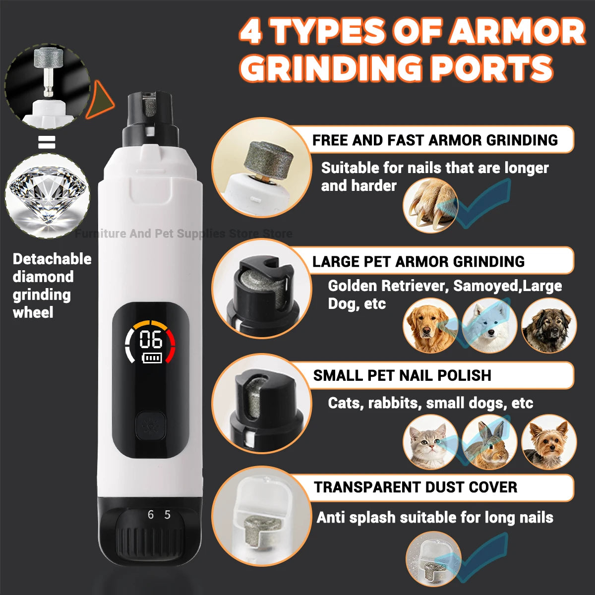 Pet Electric Nail Grinder – Rechargeable LED Dog & Cat Nail Clipper with 6-Speed Control
