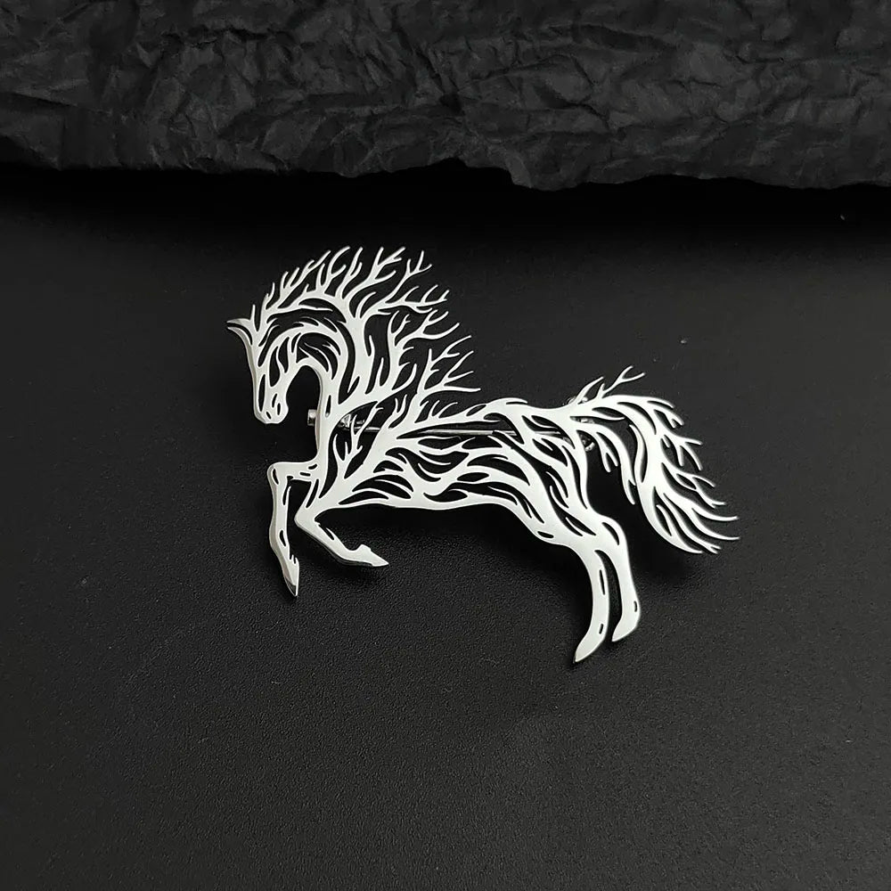 Horse Brooch, Stainless Steel Animal Lapel Pin with Tree Design, Fashion Suit and Clothing Badge, Handbag Accessory, Gift for Friends