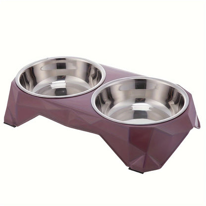 Stainless Steel Double Pet Bowl – Diamond Pattern Non-Slip Food & Water Feeder for Dogs & Cats