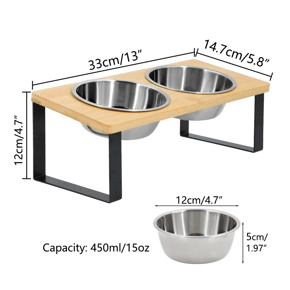 Elevated Cat Bowls with Food Mat – 15° Tilted Stand, Raised Stainless Steel Double Bowl Feeder for Cats