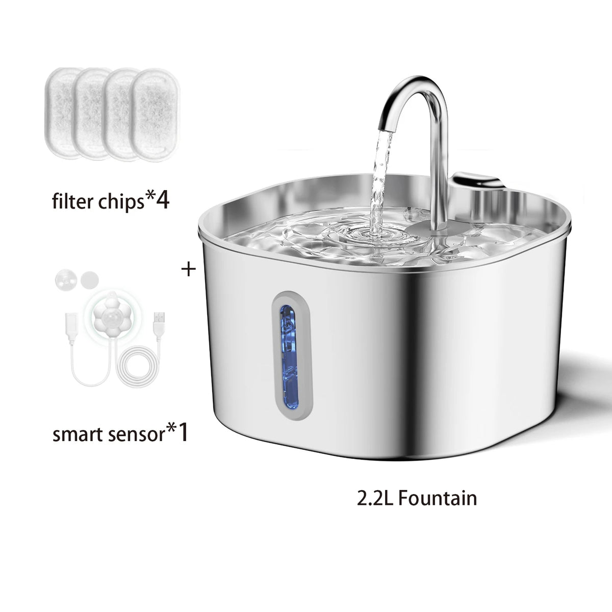ZYFeeder 2.2L Automatic Cat Water Fountain – Stainless Steel Square Pet Drinking Fountain with Water Level Window