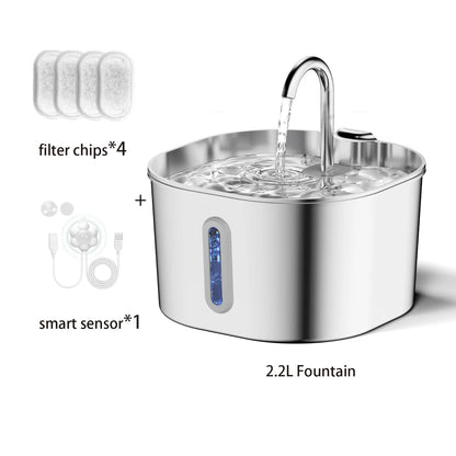 ZYFeeder 2.2L Automatic Cat Water Fountain – Stainless Steel Square Pet Drinking Fountain with Water Level Window