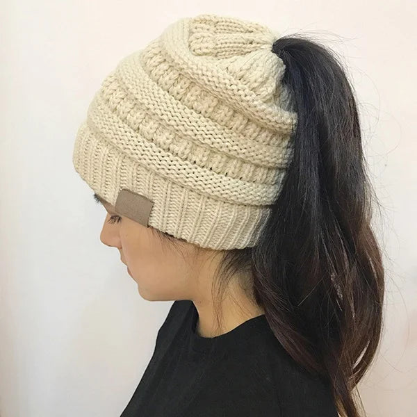 Women’s Winter Knit Beanie Hat, Messy Bun & Ponytail Opening
