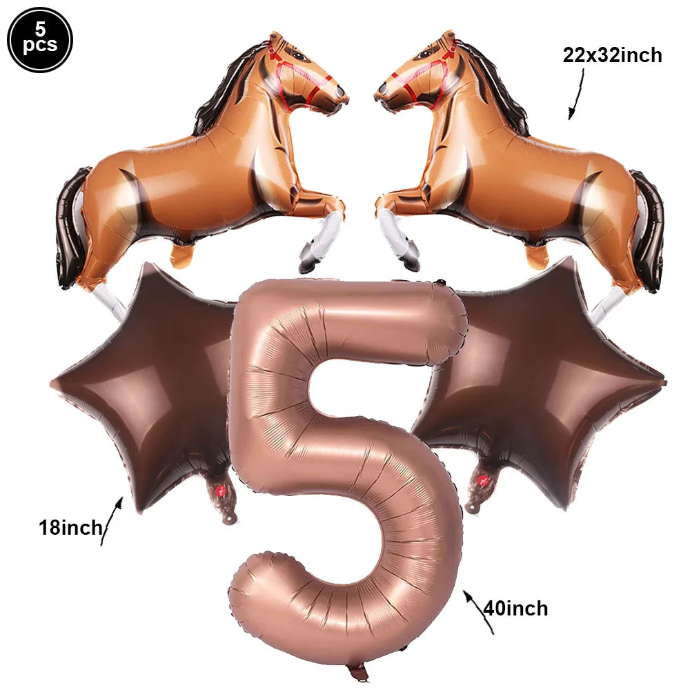 Horse Balloon Set, 30-Inch Horse-Shaped Balloons, 40-Inch Number Balloon and Star Balloons, Horse Racing-Themed Birthday Party Decorations