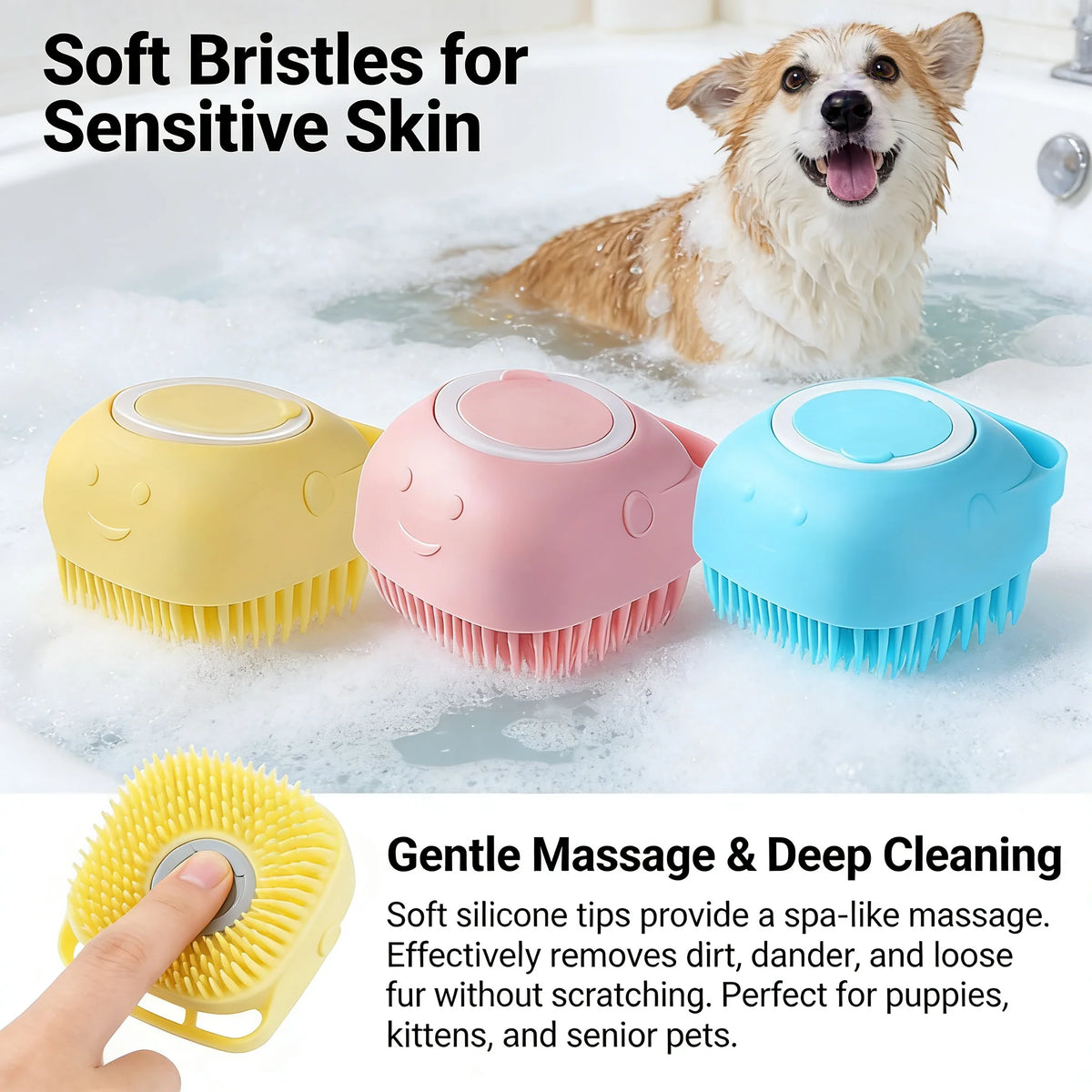 2-In-1 Silicone Pet Bath Brush with Shampoo Dispenser – Gentle Massage Grooming Tool