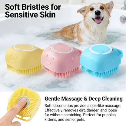 2-In-1 Silicone Pet Bath Brush with Shampoo Dispenser – Gentle Massage Grooming Tool
