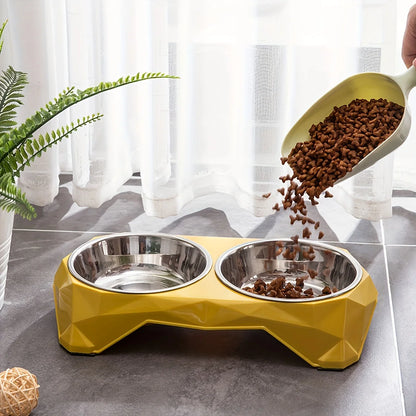 Stainless Steel Double Pet Bowl – Diamond Pattern Non-Slip Food & Water Feeder for Dogs & Cats