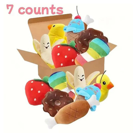 A 7-piece puppy toy set featuring adorable plush fruit and vegetable designs. These soft, chewable toys are perfect for playtime, interactive activities, and keeping your puppy entertained.