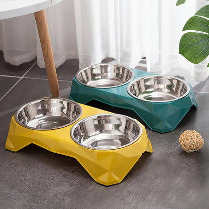 Stainless Steel Double Pet Bowl – Diamond Pattern Non-Slip Food & Water Feeder for Dogs & Cats