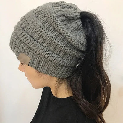 Women’s Winter Knit Beanie Hat, Messy Bun & Ponytail Opening