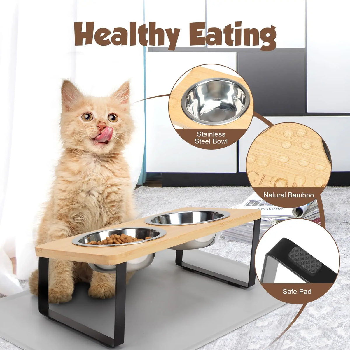 Elevated Cat Bowls with Food Mat – 15° Tilted Stand, Raised Stainless Steel Double Bowl Feeder for Cats
