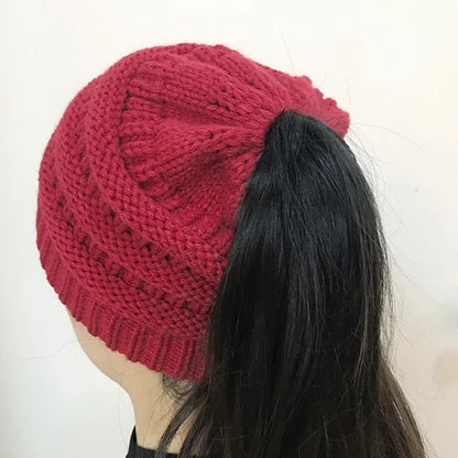Women’s Winter Knit Beanie Hat, Messy Bun & Ponytail Opening