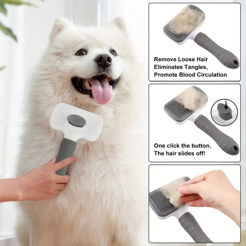 Self-Cleaning Slicker Brush for Dogs & Cats – Bent Needle Massage Comb with One-Click Hair Removal