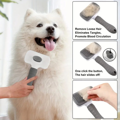 Self-Cleaning Slicker Brush for Dogs & Cats – Bent Needle Massage Comb with One-Click Hair Removal