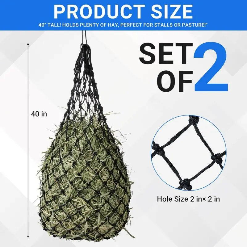 2 Pack Heavy-Duty Horse Hay Net Bags – 2" Hole Slow Feeder with Adjustable Drawstring