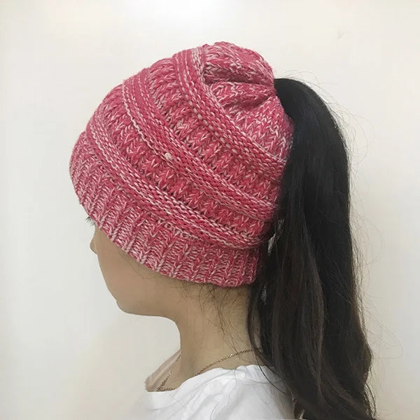 Women’s Winter Knit Beanie Hat, Messy Bun & Ponytail Opening