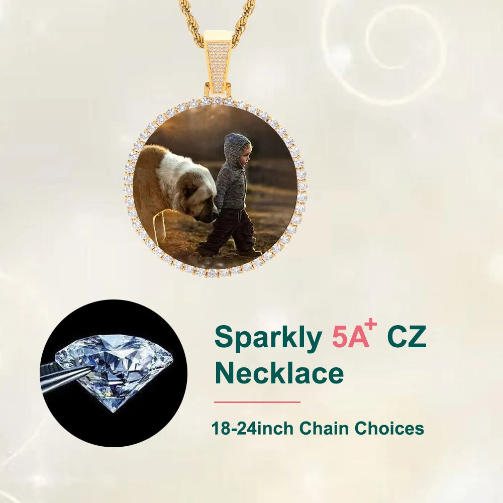 ESKEEM Big Circle Photo Medallion Pendant Necklace – Iced Out Hip Hop Memory Picture Jewelry Gift