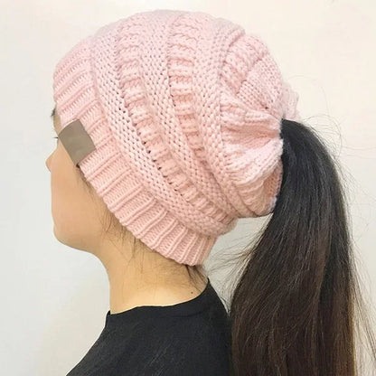 Women’s Winter Knit Beanie Hat, Messy Bun & Ponytail Opening