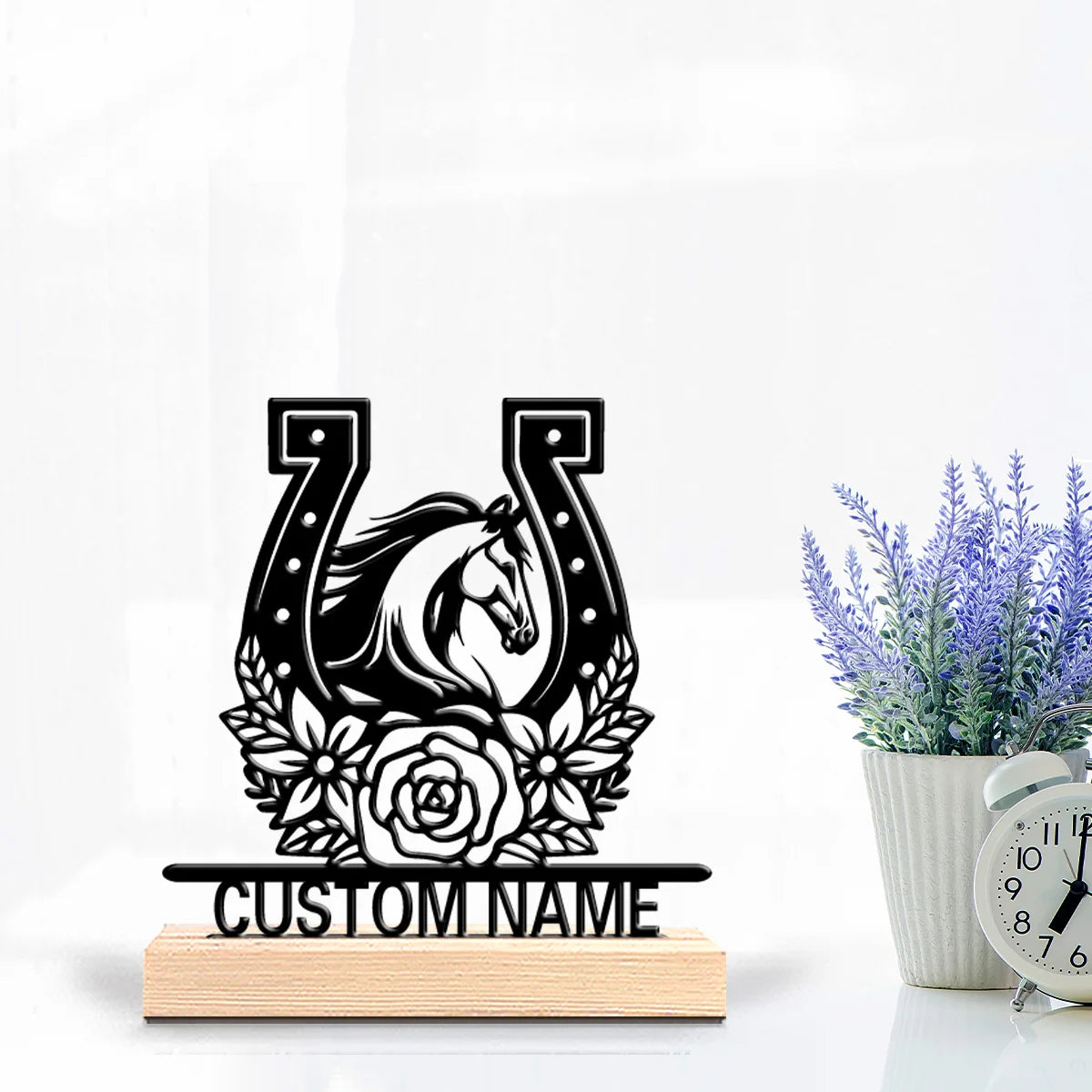 Personalized Horse Metal Statue with Wooden Base – Desktop Animal Sculpture Gift for Horse Lovers