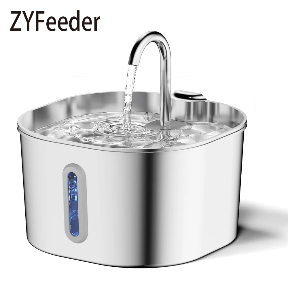 ZYFeeder 2.2L Automatic Cat Water Fountain – Stainless Steel Square Pet Drinking Fountain with Water Level Window