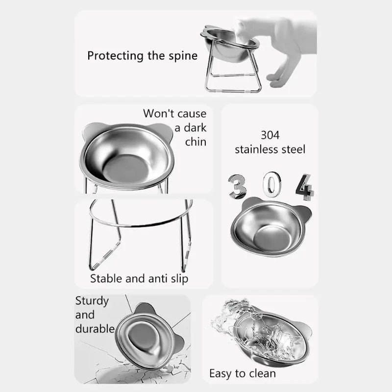 304 Stainless Steel Raised Cat Bowl, 15° Tilted Neck-Friendly Design
