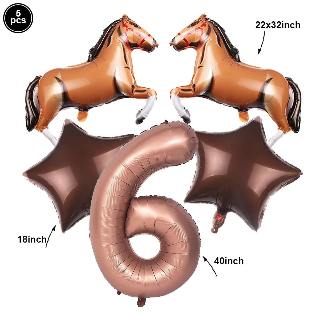 Horse Balloon Set, 30-Inch Horse-Shaped Balloons, 40-Inch Number Balloon and Star Balloons, Horse Racing-Themed Birthday Party Decorations