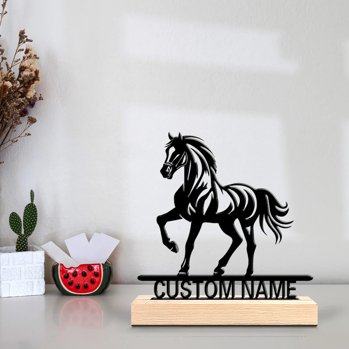 Personalized Horse Metal Statue with Wooden Base – Custom Desktop Sculpture Gift for Horse Lovers
