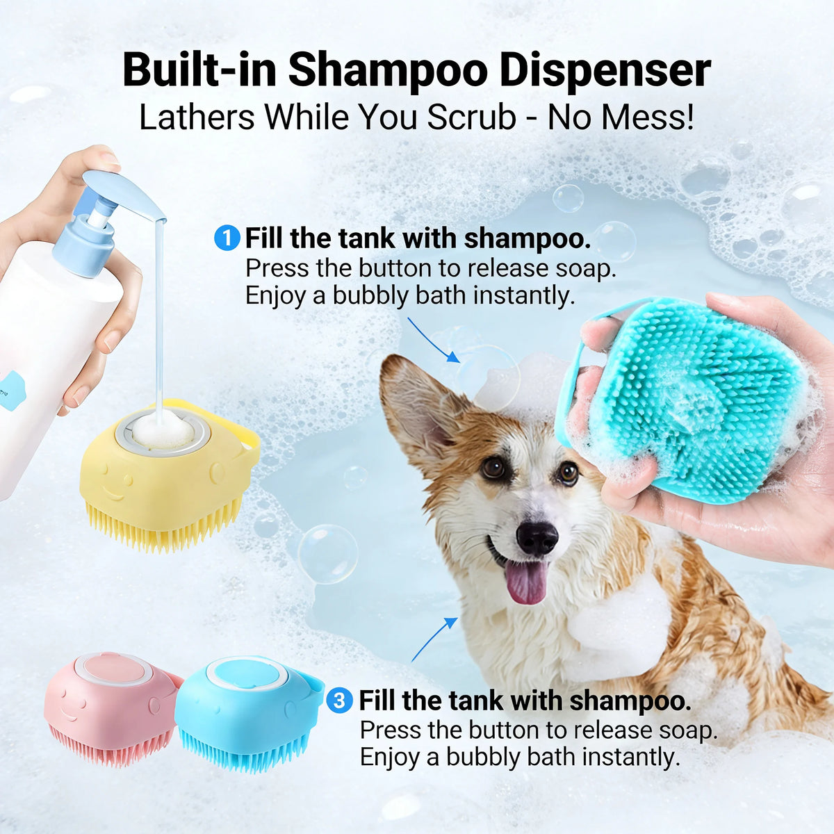 2-In-1 Silicone Pet Bath Brush with Shampoo Dispenser – Gentle Massage Grooming Tool
